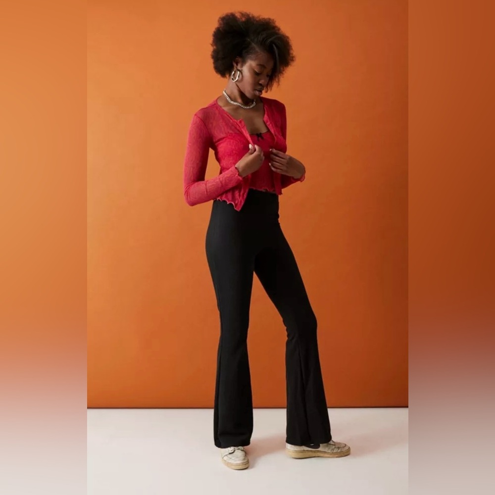 Urban Outfitters Black Ribbed Knit Foldover Flare Cozy Pants Lounge Athleisure